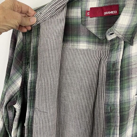 Gramicci Flannel Shirt Men M Purple Green Plaid Grunge Outdoor School Work FLAW - Picture 13 of 13